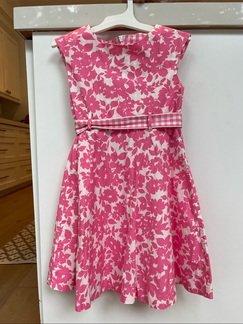 Tommy Hilfiger Pink and White Floral Fit-and-Flare Dress with Gingham Belt